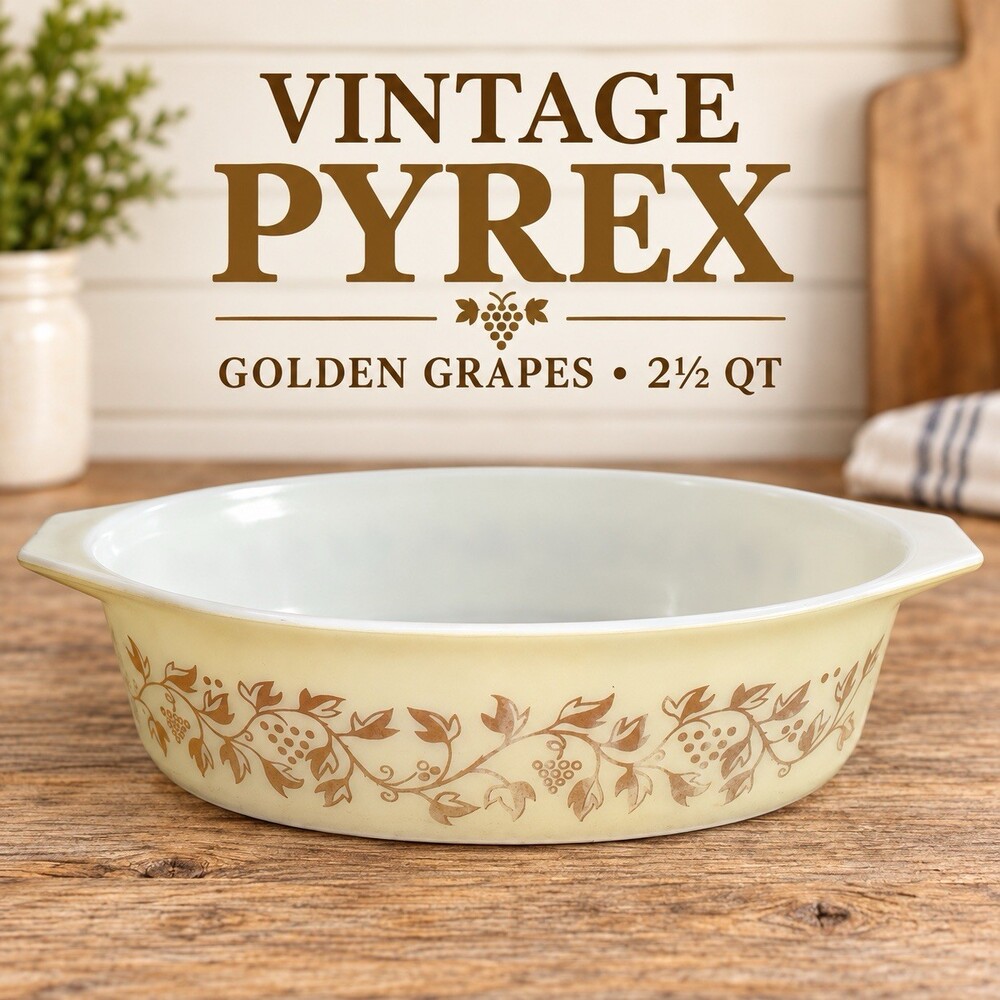 Vintage 1959 Pyrex 045 Golden Grapes 2.5 Qt Oval Casserole Dish No Lid